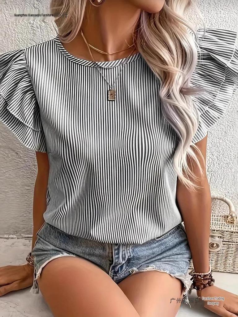 2026 European & American Summer Women's Striped Ruffle Sleeve Top