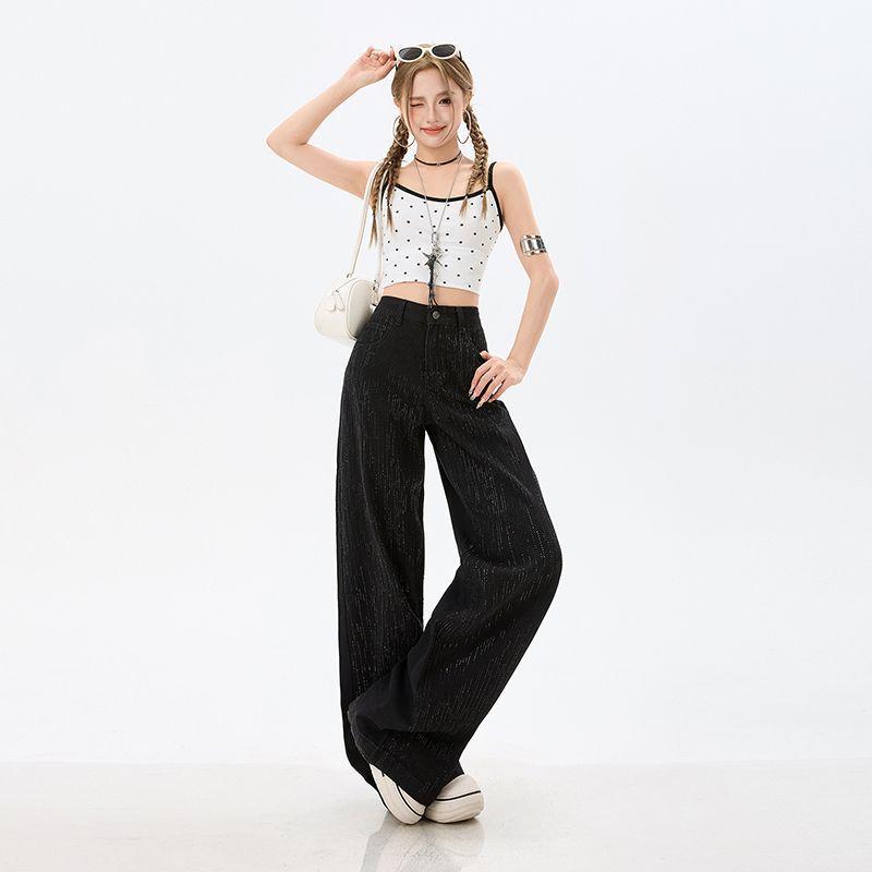 Early Spring Premium Meteor Bling Rhinestone Black High Waist Stack Wide Leg Long Denim Pants For Women Casual Pants Oversize Denim Trousers