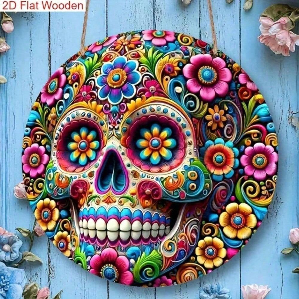 Day Of The Dead Sugar Skull Metal Sign, Colorful Floral Wall Art, Halloween Home Decor, 1 Pack