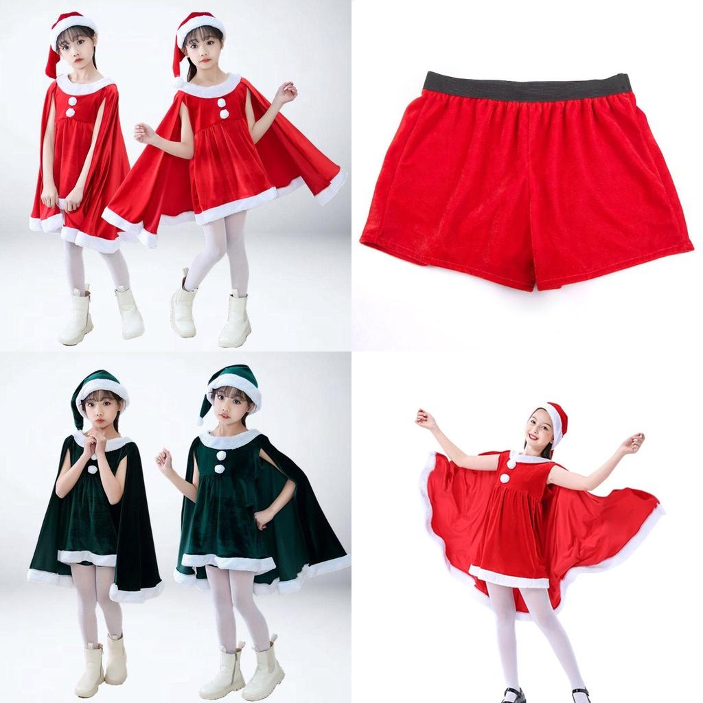 Adorable Toddler Girls Christmas Velvet Outfit With Cloak Cape Santa Claus Elf