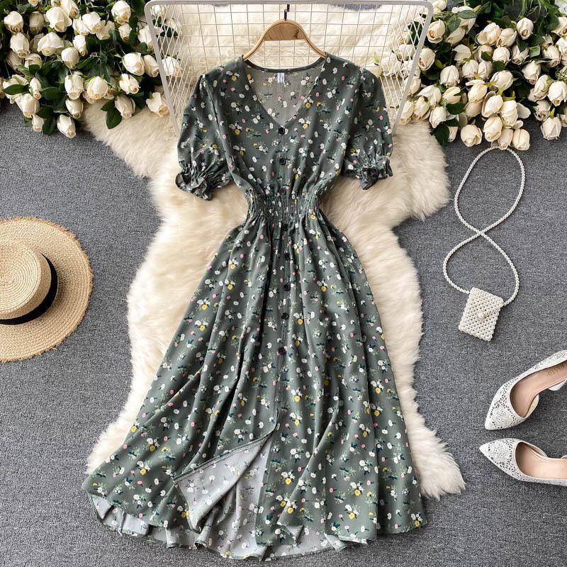 French-Style Retro Floral Dress with Puff Sleeves and Button-Up Slim Fit