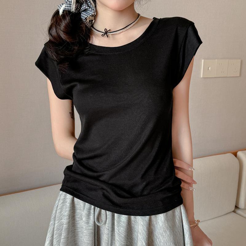 

Summer New White Tencel Short Sleeve Shoulder Front Shoulder Short Sleeve T-Shirt Women s Slim Skinny Small Flying Sleeve Top S (suitable for weight 35-47.5kg ) чёрный