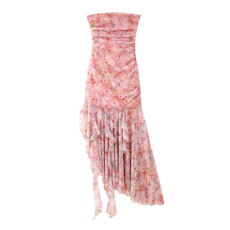 Kaslead New Women Clothes Western Style Fashion Simple Print Silk Mesh Tube Top Dress 5039267