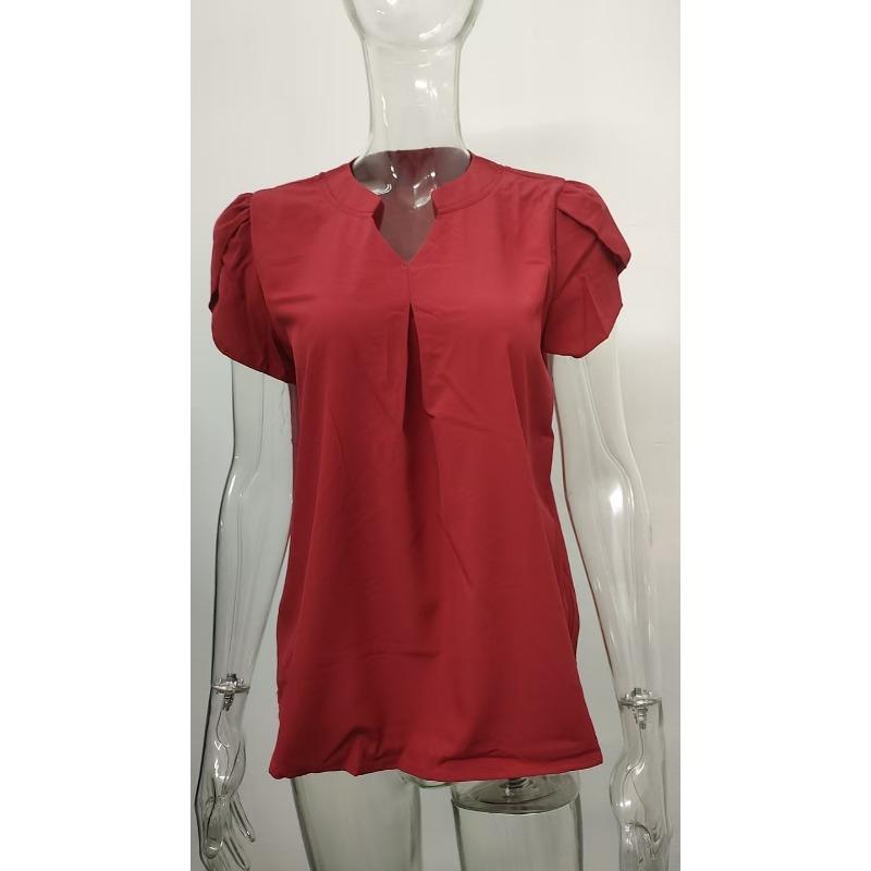 Einfaches und stilvolles lockeres V-Ausschnitt-Blusentop mit Blütenblattärmeln