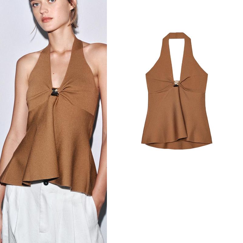 Summer New Women clothes Gold Inlaid A- line Short Skirt Hem Neck Collar Knitted Top 9598012