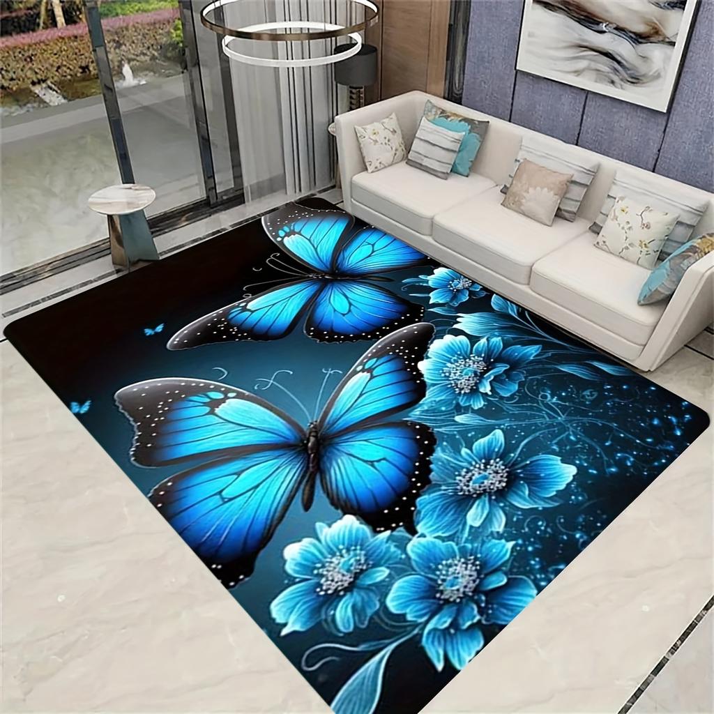 Blue Butterfly Flower Pattern Flannel-printed Floor Mats Are Slip-resistant Suitable Living Room Bedroom Terrace Garden Carpets
