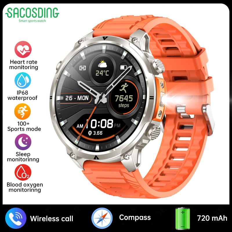SACOSDING Smart Watch Men Outdoor Sports GPS Positioning Flashlight Altitude Air Pressure BT Calling Health Monitoring Smartwatch