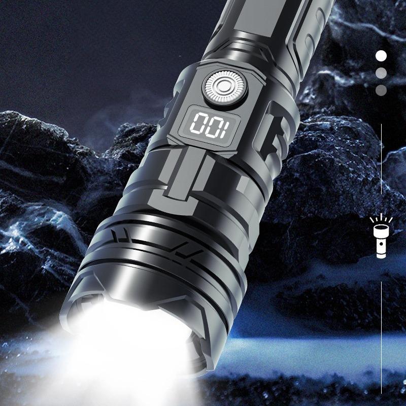 New Digital ABS Flashlight with Strong Light Zoom, Long-lasting Camping LED Light Outdoor Portable Searchlight