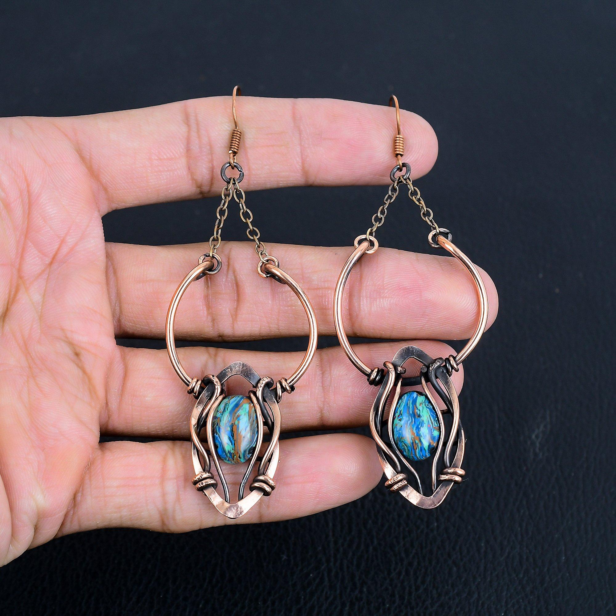 

Rainbow Calsilica Earrings, 999 Copper Wire Wrapped Earrings, Handmade Gemstone Jewelry Earrings For Memorial Day 2.55 Inches