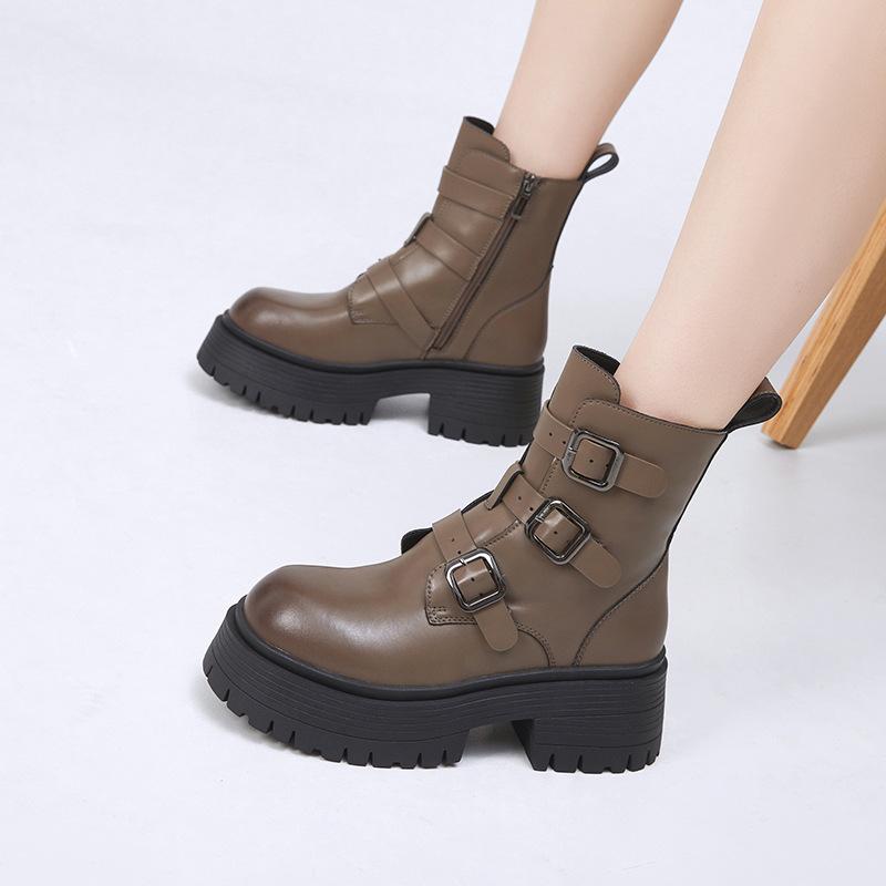 Leather Martin Boots Women's 2025 New Winter Fleece Warm Thick-soled Medium Boots Black Retro Versatile Short Boots