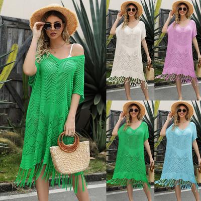 Summer Women's Knitwear Dress Solid Color Fringe Hollow-out Knitwear Loose Large Size Beach Dress