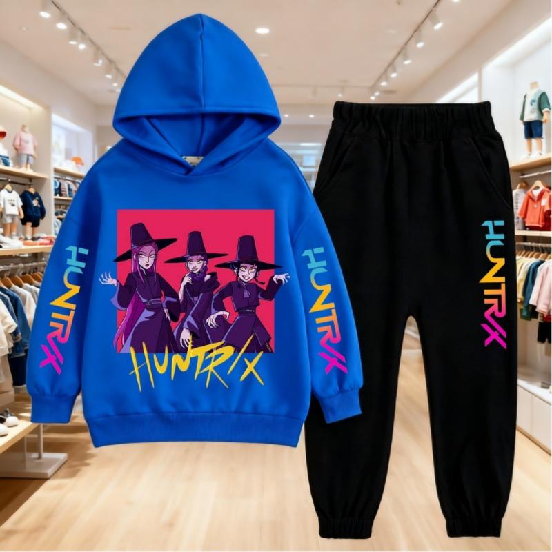 KPop Demon Hunters Printing Hoodies Sets Kids Clothes Children Hoodie+pants Suitable 3-12 Years Boys Girls Pink Black Sweatshirt