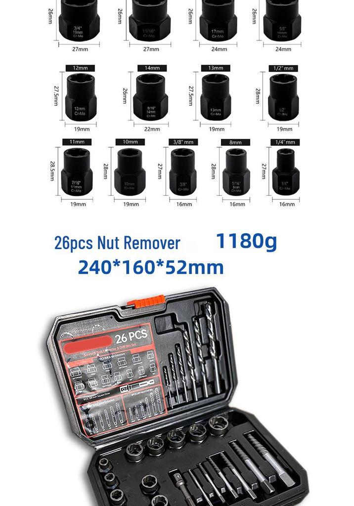 High Torque Wear-Resistant Reverse Thread Nut Extractor Set for Rusted or Damaged Nuts