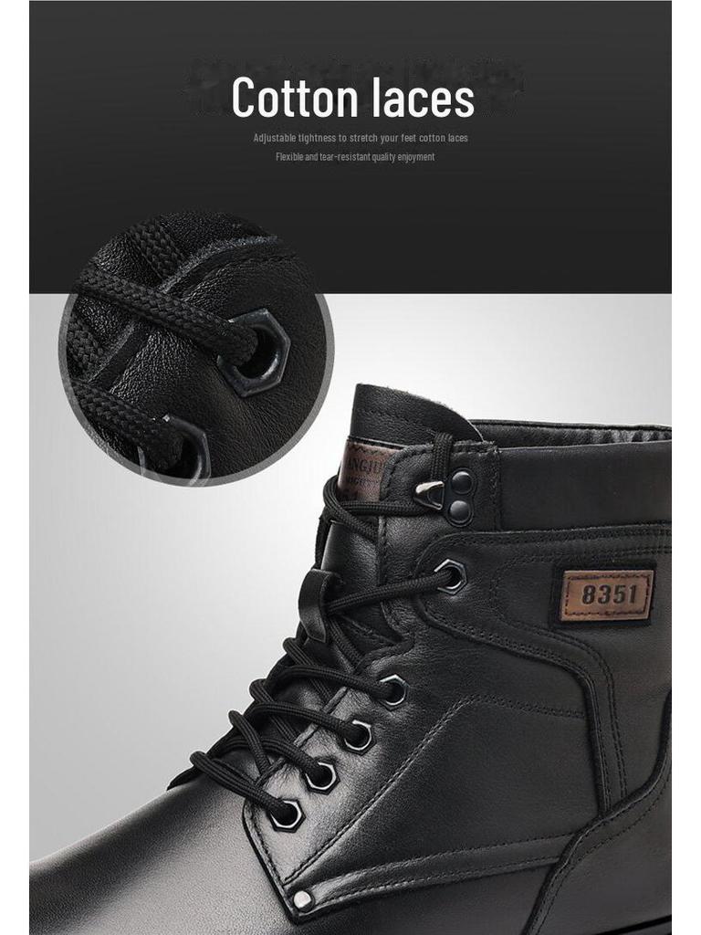 Men's High-Top Leather Martin Boots - Winter Wool Lined, Thick Sole, Warm Cotton Snow Boots