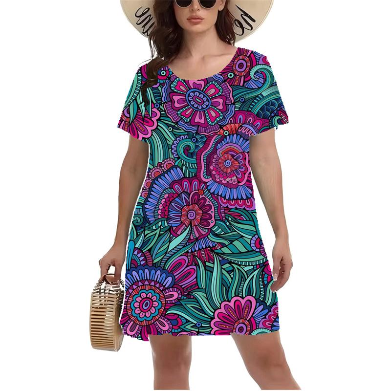 Retro 3D Buntes Druckkleid Damen Sommer Kurzarm Rundhals Freizeitkleid Große Größe Damen Sommerkleid Vestidos