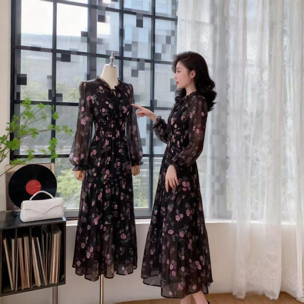 High-Quality Hong Kong Style Floral Ruffled Long Dress - Korean Chic Resort & Sweet Waist-Cinched Skirt