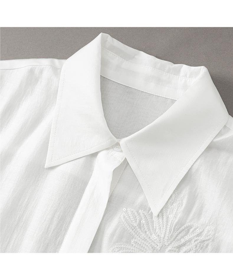 Elegant Women's Tencel Cotton Sequin Embroidery Long Sleeve Shirt with Lapel Design - Spring Collection
