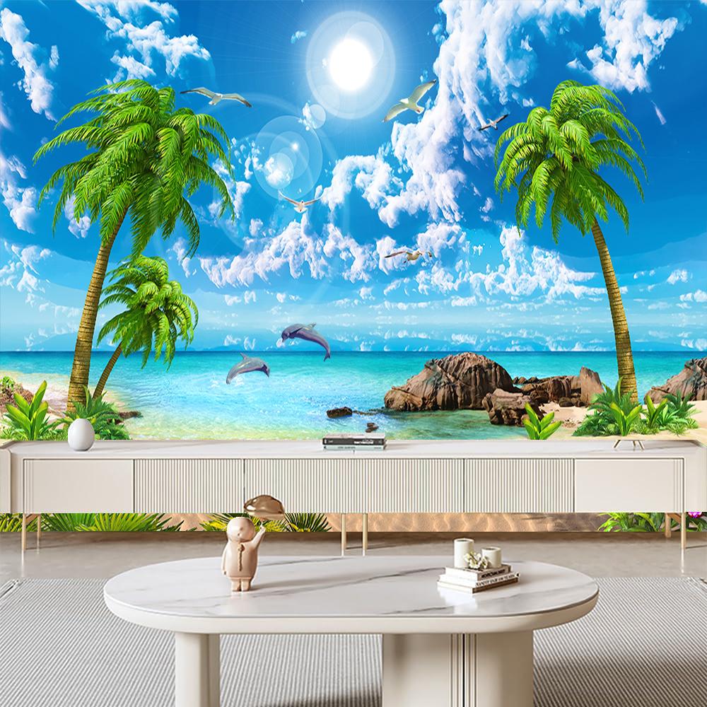 3d Beautiful Palm Beach Wallpaper Seaside Scenery Wallpaper Living Room Bedroom Background Beach Wall Mural