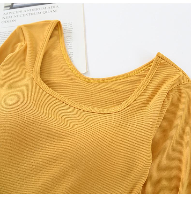 Women's Square Neck Long Sleeve Top with Built-in Bra Pads - Slim Fit for Early Autumn/Spring/Winter