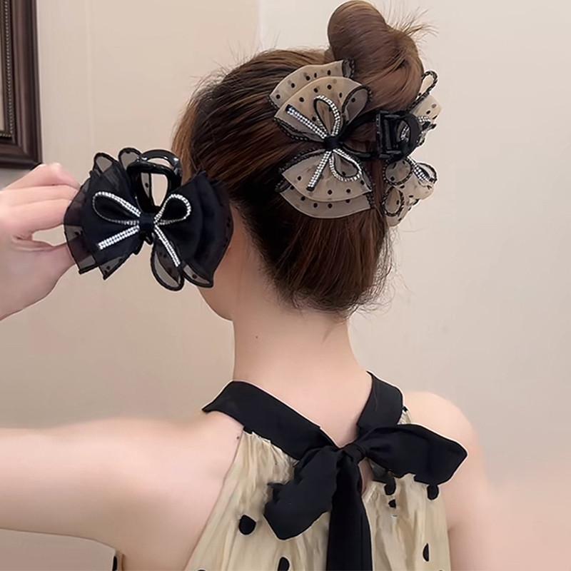Mesh Bow Rhinestones Hair Clip for Women Elegant Hair Clamp Fashion Girl Ponytail Clip Hair Accessories