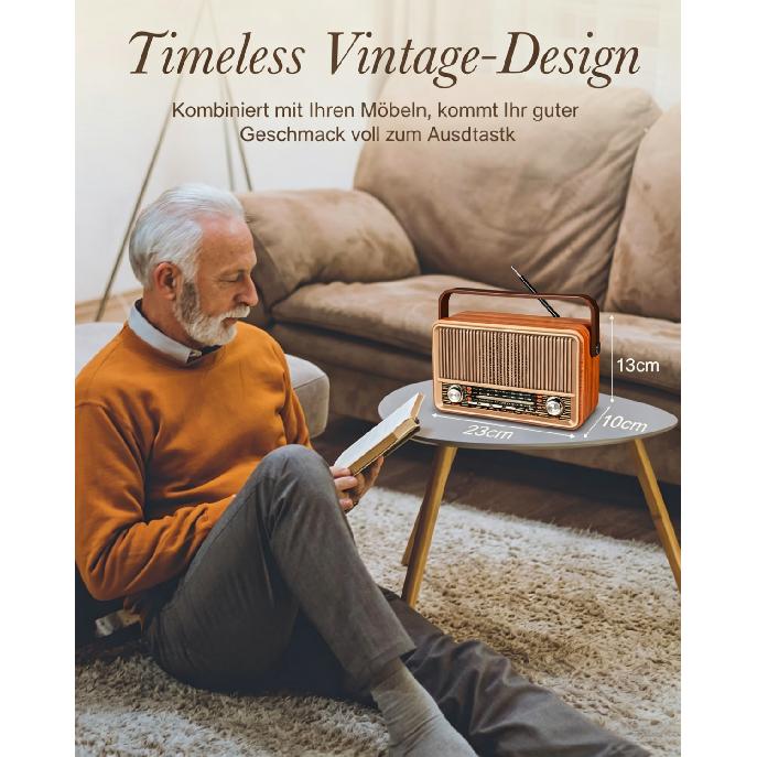 Radio Retro AM/FM/SW Małe, Radio Walizkowe z Baterią 1800 mAh lub Zasilaniem AC, Radio Kuchenne Radio Nostalgiczne z Bluetooth, Obsługuje USB/TF/AUX