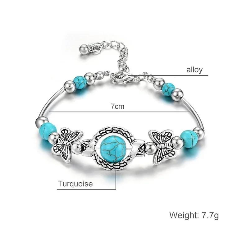 Vintage Trendy Butterfly Beaded Turquoise Hand Chain Bracelet For Women Carved Pattern Personality Adjustable Bracelet Jewelry Gifts