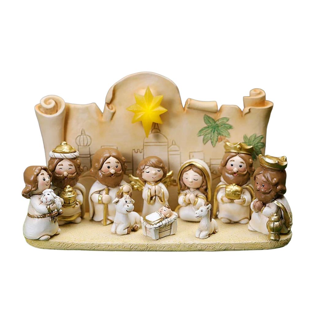 Cartoon Christmas Nativity Scene Figurines Hand-Painted Resin Decor Set for Holiday Home Decoration Gift
