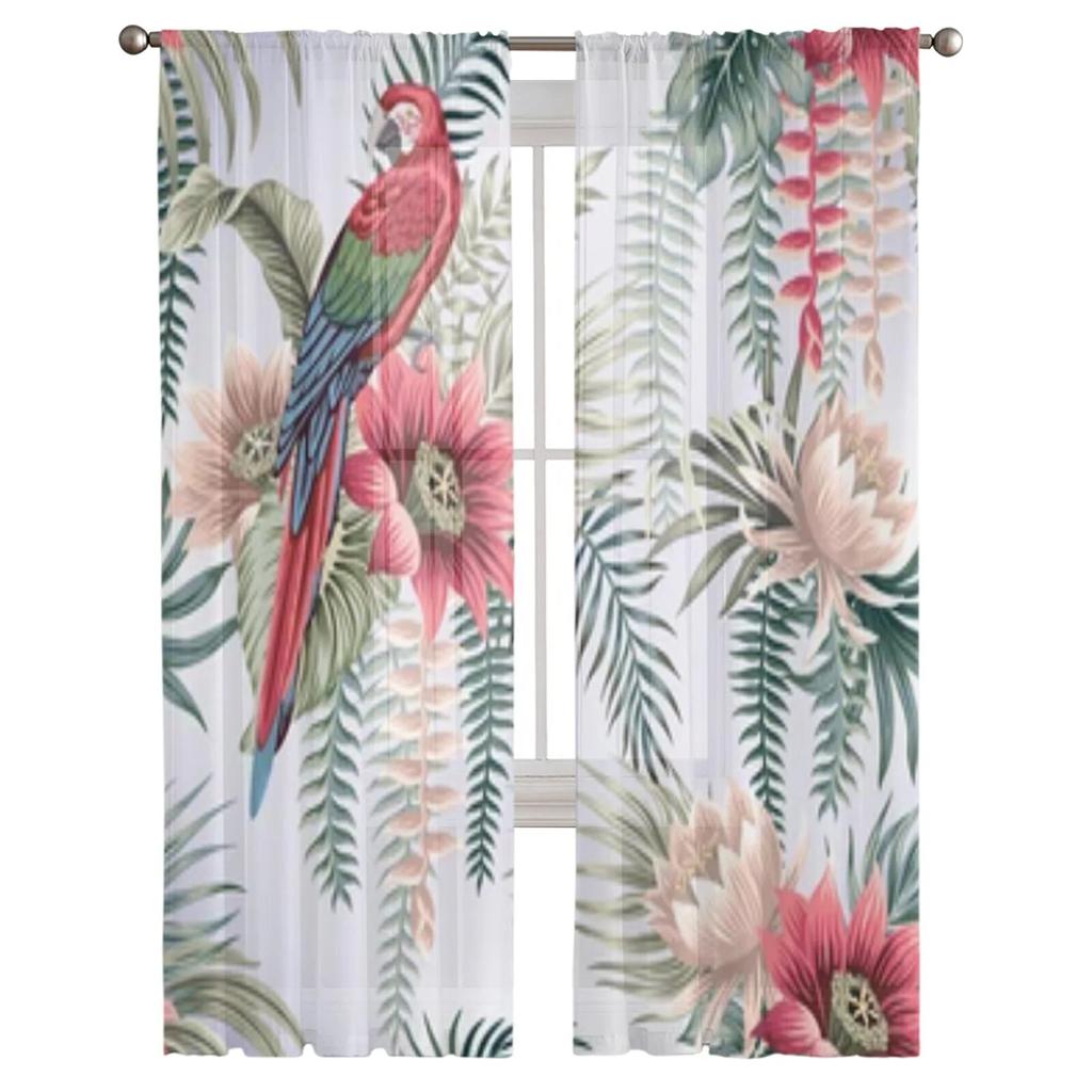 Botanische Lotusblume Palmblätter Papagei Chiffon Gardinen für Wohnzimmer Schlafzimmer Dekoration Fenster Tüll Vorhänge Vorhänge