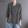 ZANZEA Women Casual Turn Down Collar Loose 3/4 Sleeve Cotton Blouse