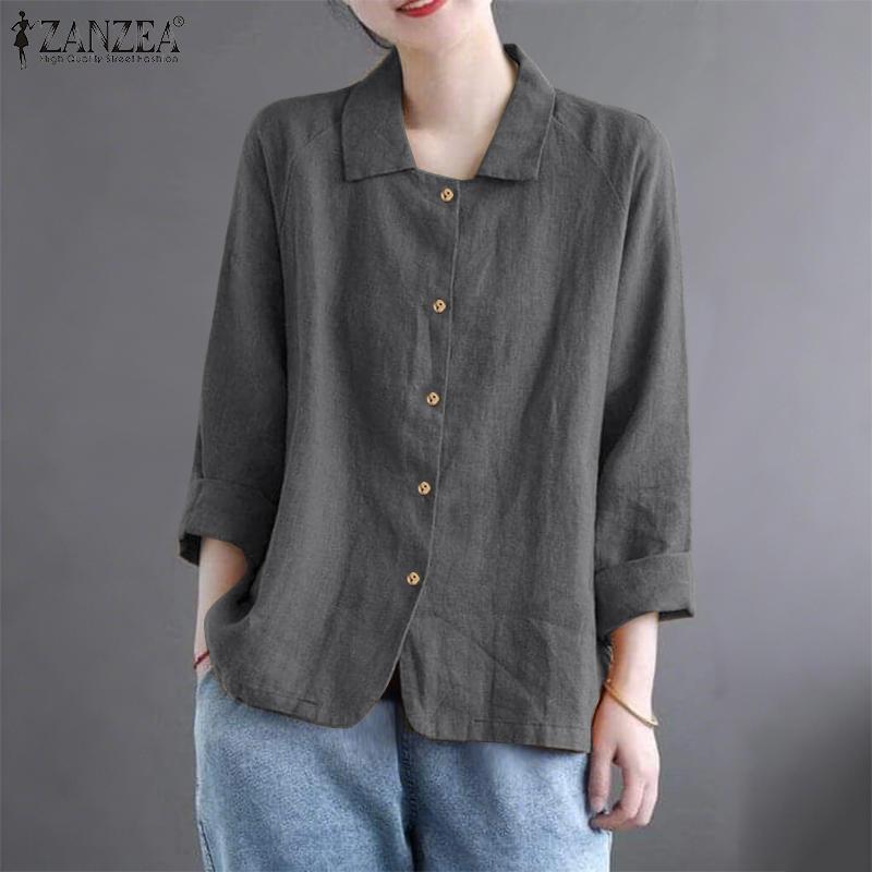 ZANZEA Women Casual Turn Down Collar Loose 3/4 Sleeve Cotton Blouse