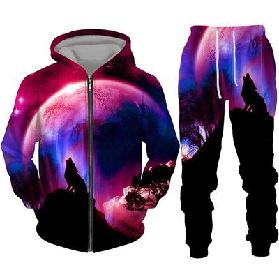 Men's Zipper Hoodie Set 3D Printed Animal Wolf Sportswear/Pants Casual Street Long Sleeve Loose Spring Autumn 2 Piece Set