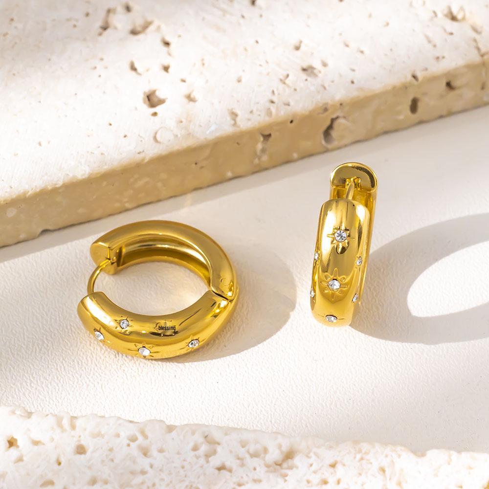 Retro Micro-Paved Diamond Star Titanium Hoop Earrings, Electroplated 18K Gold.