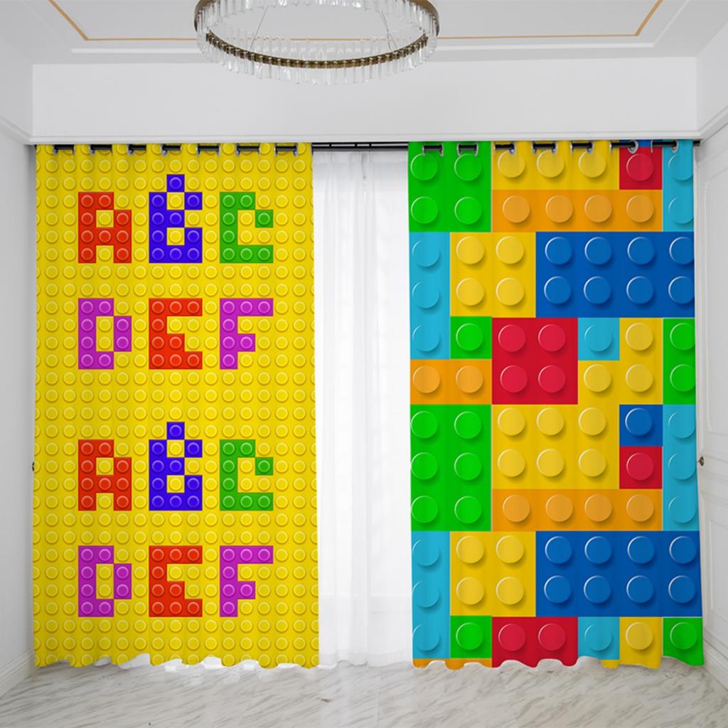 Custom Cartoon Building Block Pattern Amusement Park Decoration Curtain Boy Bedroom Kindergarten Curtain Cloth Custom 2023 New