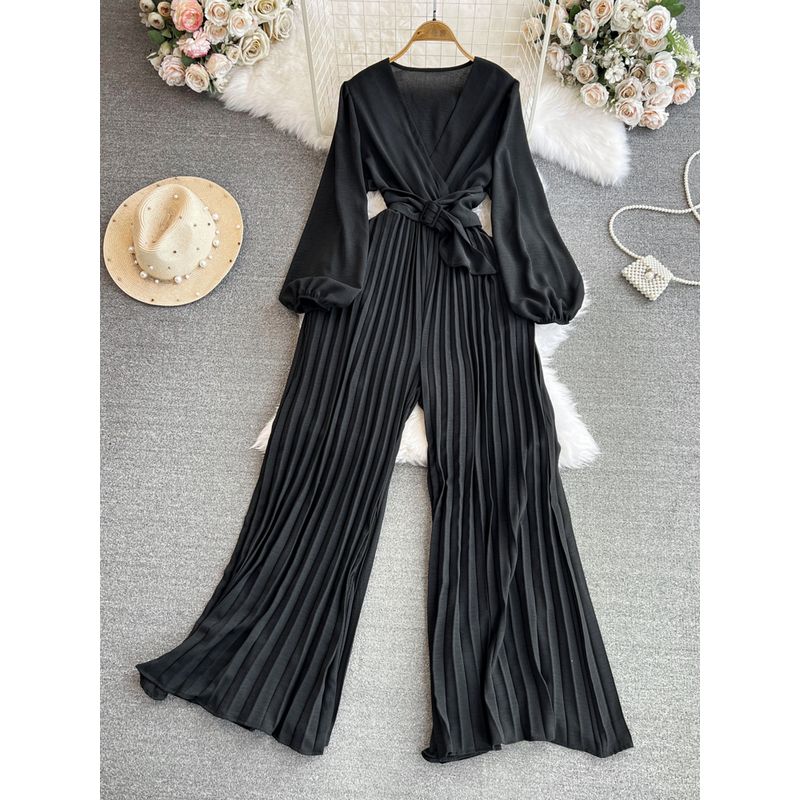 

Socialite Temperament Long Sleeve V-neck Casual High Waist Jumpsuit Black One size