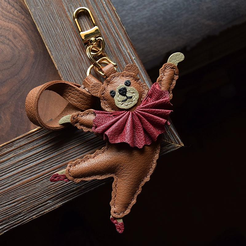 Ballet Bear Original Design Handmade Leather Car Key Bag Pendant Elegant Cute Gift Female Keychain