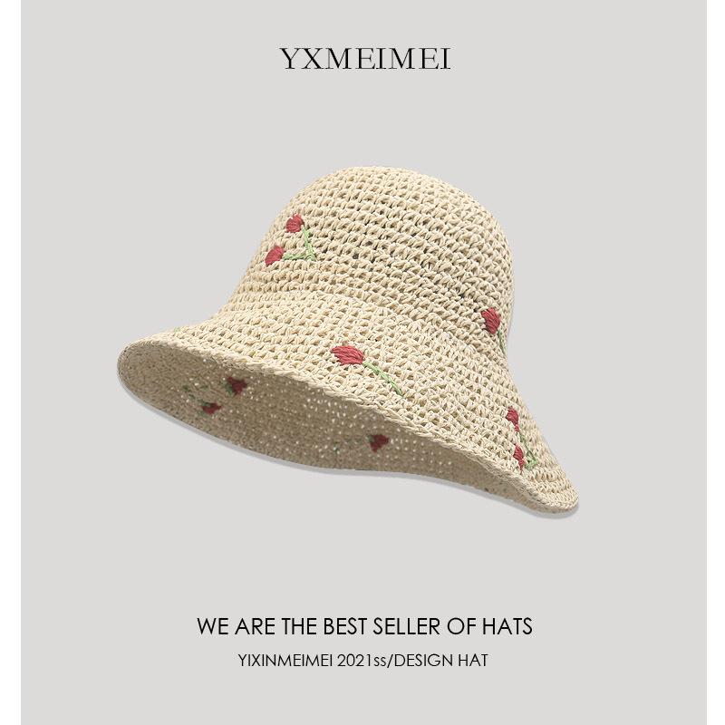 

Korean-style holiday cute cherry straw fisherman hat for women, sun protection hat, summer handmade beach sunshade straw hat with wide brim M（56-58cm）