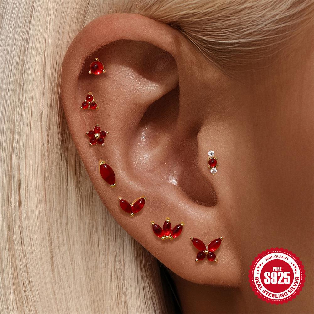 S925 Sterling Silver Green Fresh Retro Red Color Flat Head Stud Earrings Round Personality Versatile Earbone Stud Puncture