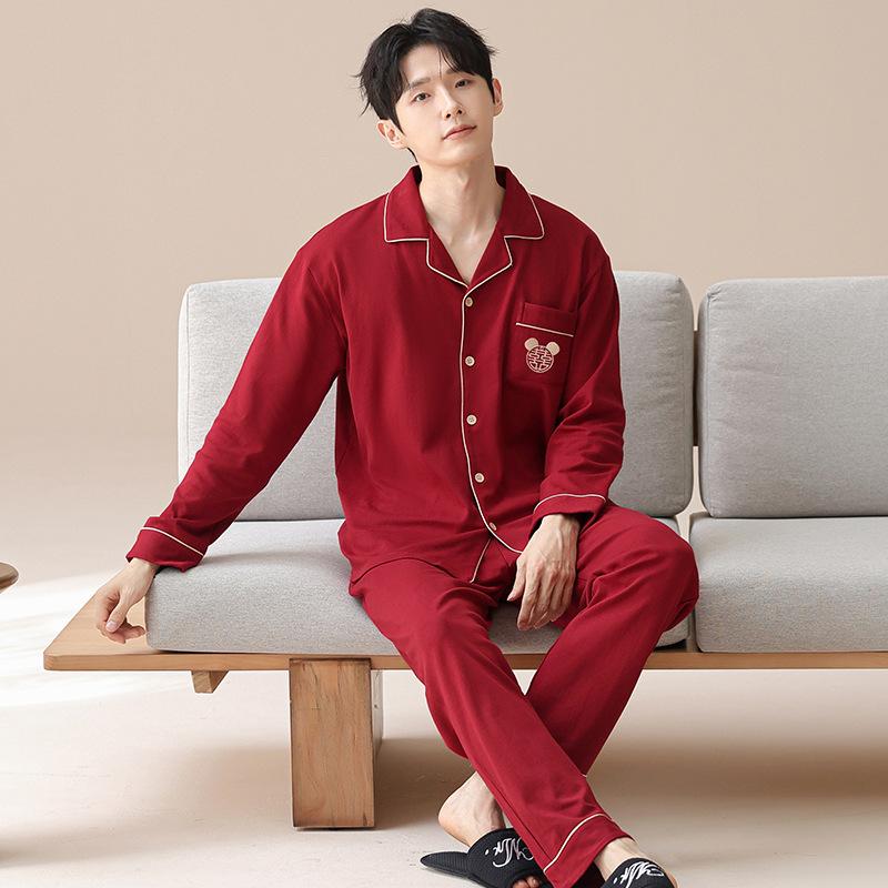 Pajamas wedding newlywed couple suit spring and autumn pure cotton red 1011 new men's and women's long sleeves festive autumn