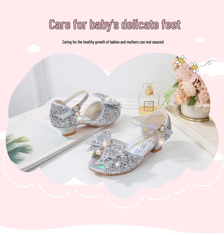 Silver Fish-Mouth Pearl Pendant Sandals - New Style, Soft-Soled Girls' Princess Shoes for Performance.