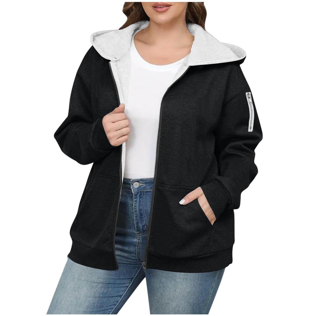 Women's Retro Color Block Fleece-Lined Hooded Cardigan - Slimming, Casual, Loose Fit, Perfect for Autumn/Winter Warmth.