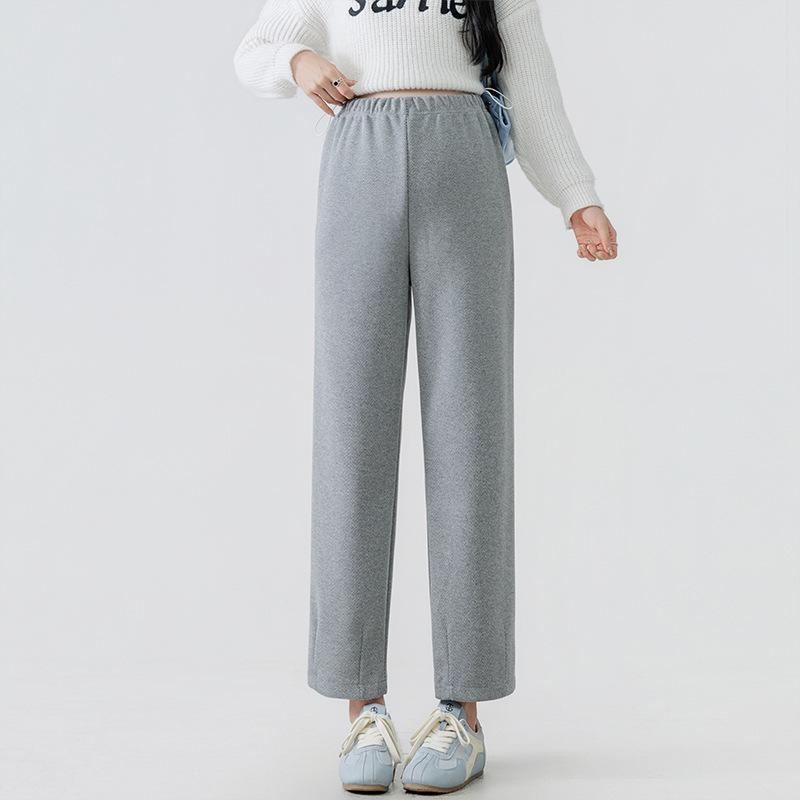 Korean Style High Waist Herringbone Wool Maternity Cropped Pants - Straight Leg, Loose Fit M