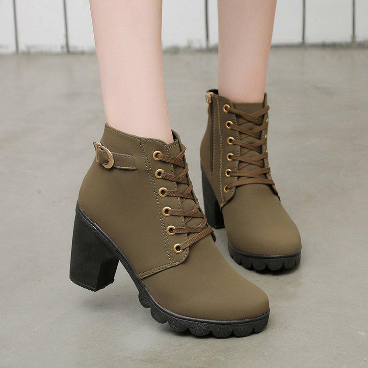 Women's Autumn High-Heeled Boots: Short, Thick-Heeled, Round-Toe Martin Style with Belt Buckles and Lace-Up Design