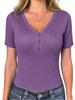 Women V Neck Ribbed Knit Short Sleeve Top with Button Casual Slim Fit Pullover for Everyday Wear