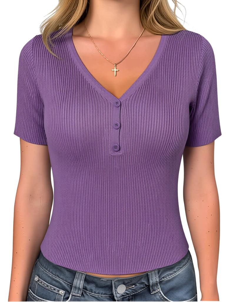 Women V Neck Ribbed Knit Short Sleeve Top with Button Casual Slim Fit Pullover for Everyday Wear
