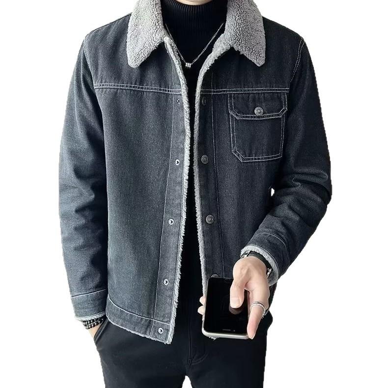 Fashion denim jacket men's fleece thickened autumn and winter lamb fleece new slim casual sports temperament jacket men's clothing
