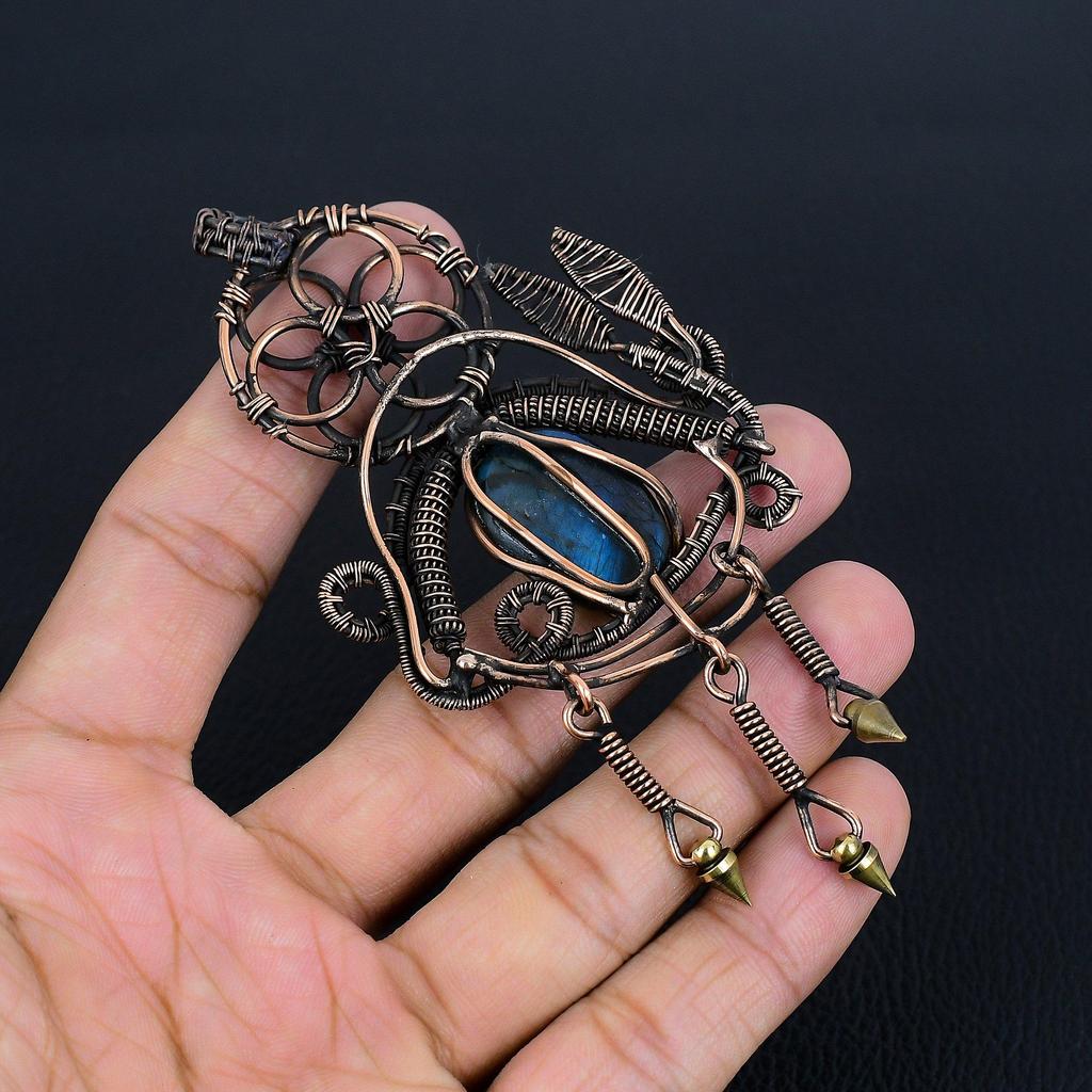 Labradorite Pendant, Handmade Gemstone 999 Copper Wire Wrapped Pendant Antique Jewelry, For Gift Silver Jewelry