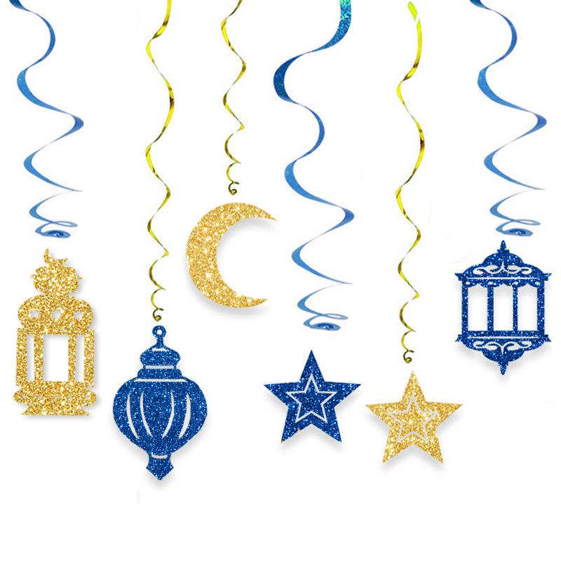 Spirálové ozdoby z hvězd a měsíce ve tvaru blízkovýchodních luceren pro dekorace k svátku Eid