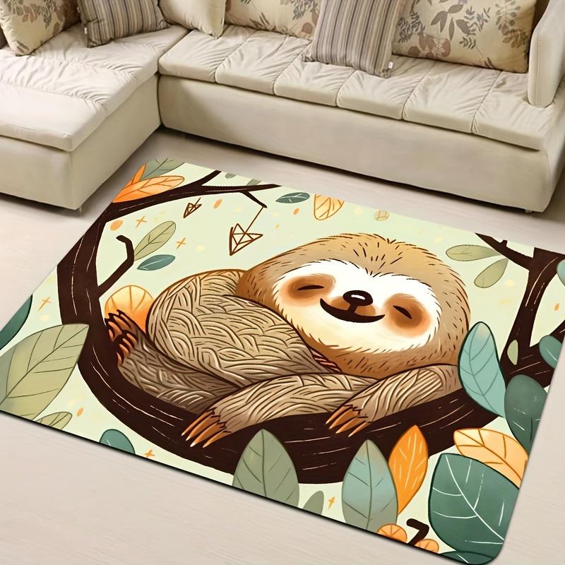 Cute Cartoon Sloth and Leaves Print Area Rug, Aesthetic Neutral Floor Mat for Nursery Bedroom, Washable Indoor Decor Carpet