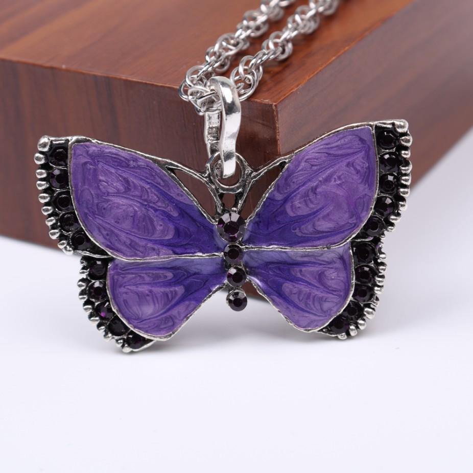 C180 Vintage Oil Drop Painted Inlaid Diamond Butterfly Necklace Alloy Fashion Long Sweater Chain Jewelry