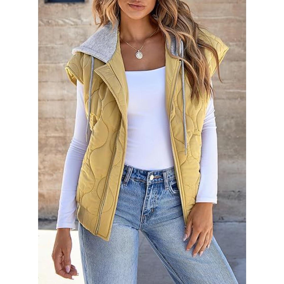 

2025 New Arrival Women s Color Block Sleeveless Jacket Autumn Casual Drawstring Hooded Vest Ladies Fashion Outerwear L жовтий